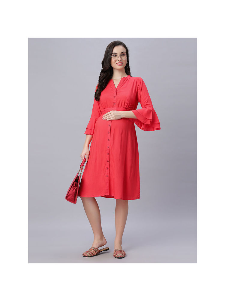 Mamma's Maternity Peach Solid Rayon Maternity/Feeding Dress with Belt (Set of 2)-picture-10