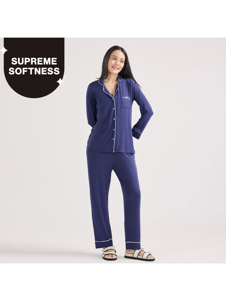Nykd By Nykaa Sumptuously Soft Modal Button-Down Pajama Set of 2-Navy NYS001-picture-22