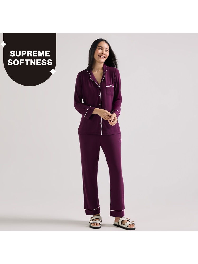 Nykd by Nykaa Modal Button Down Pajama Set 2 - Purple NYS001-picture-40