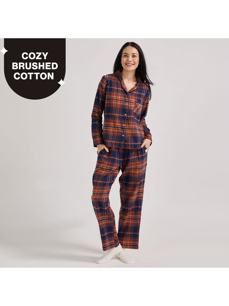 NYKD by Nykaa cozy brushed cotton pajama set of 2-relaxed fit night suit NYS902-Navy Brown Checks-image-1