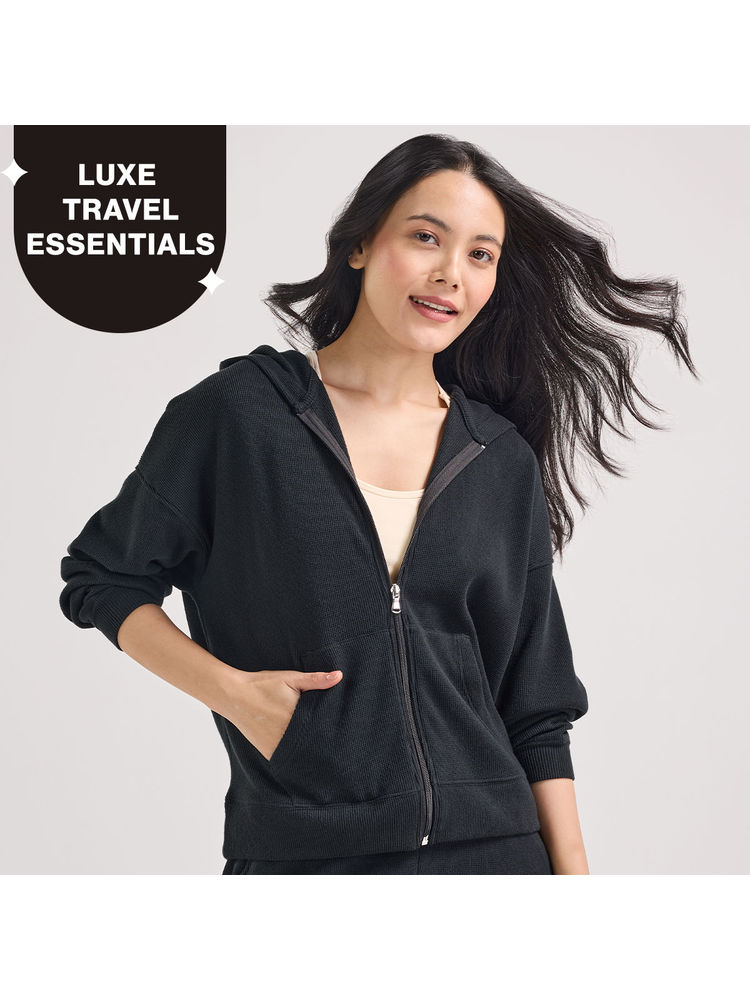 Nykd By Nykaa Luxe Feather Knit Waffle Zip Up Hoodie Jacket-Jet Set Knit collection Nys947- Black-image-2