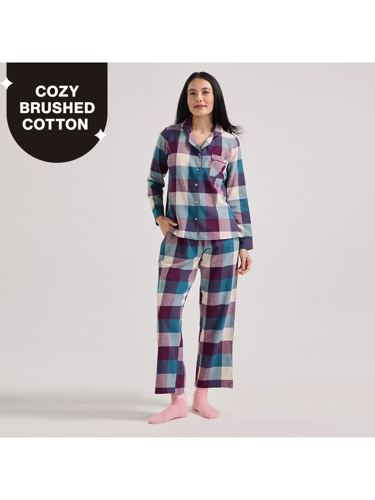 NYKD by Nykaa cozy brushed cotton pajama set of 2-relaxed fit night suit NYS902-Grape & Blue-picture-22