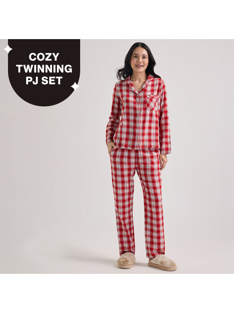 Nykd By Nykaa FamJam Cotton Pyjama Set of 2- Comfy Night Suit for Women NYS951-Red & White