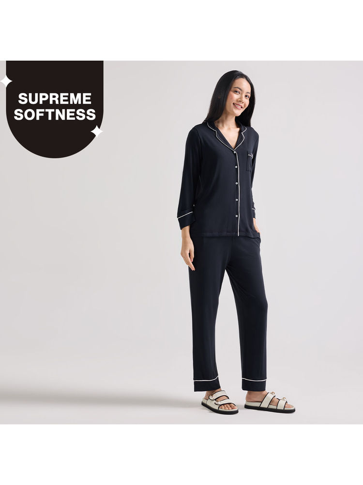 Nykd By Nykaa Sumptuously Soft Modal Button-Down Pajama Set of 2-Black NYS001-picture-31