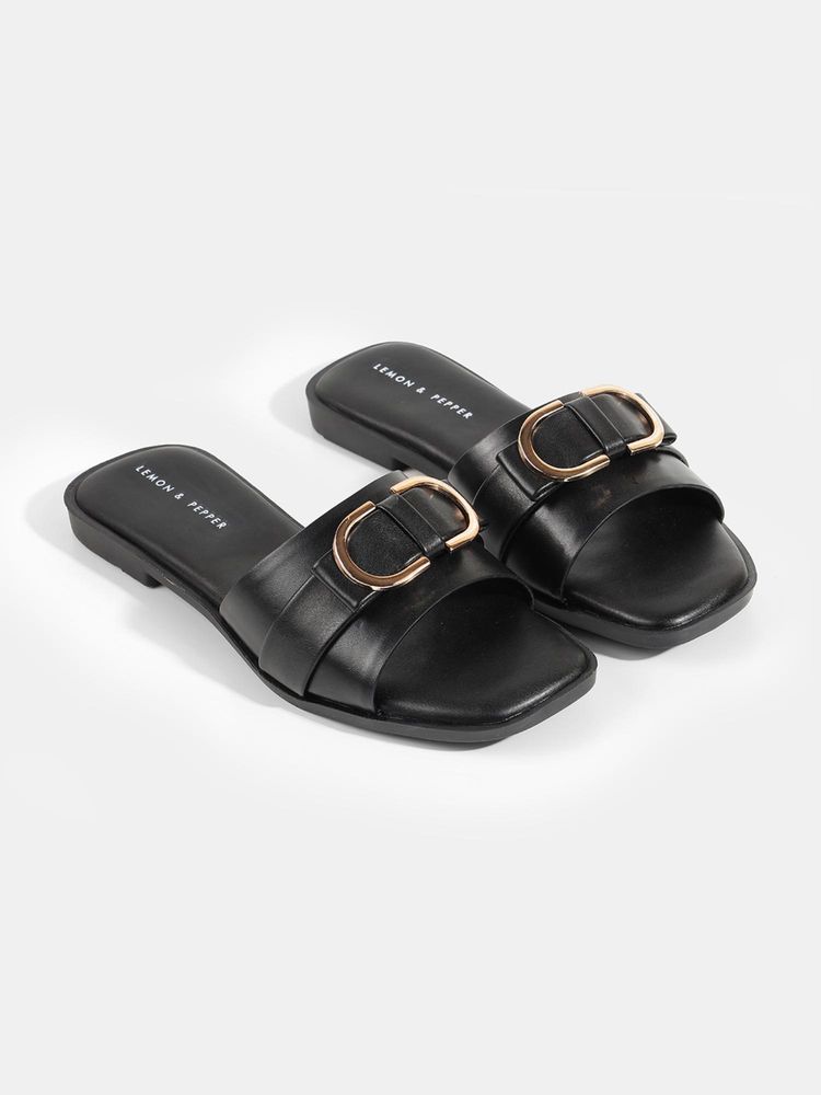 Lemon & Pepper Minimalist Buckle Black Flats-image-49