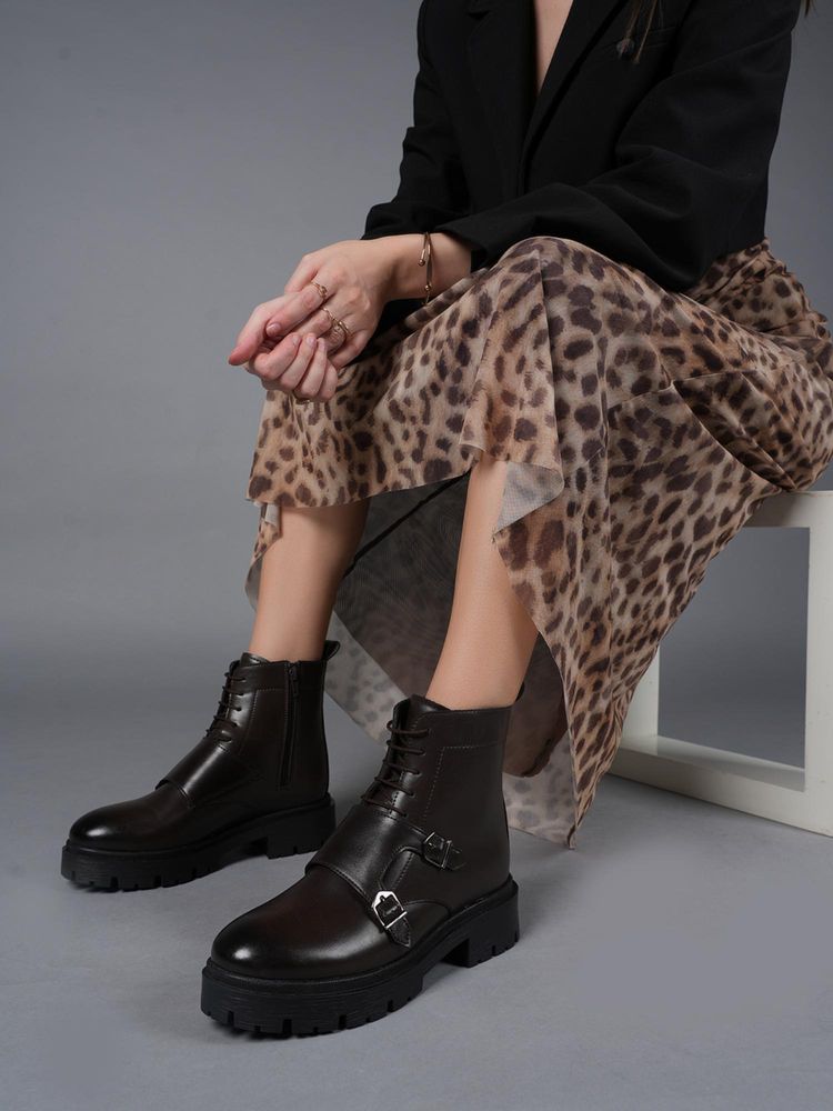 Drop Bold Brown Double Monk Straps Combat Boots for Women-picture-23
