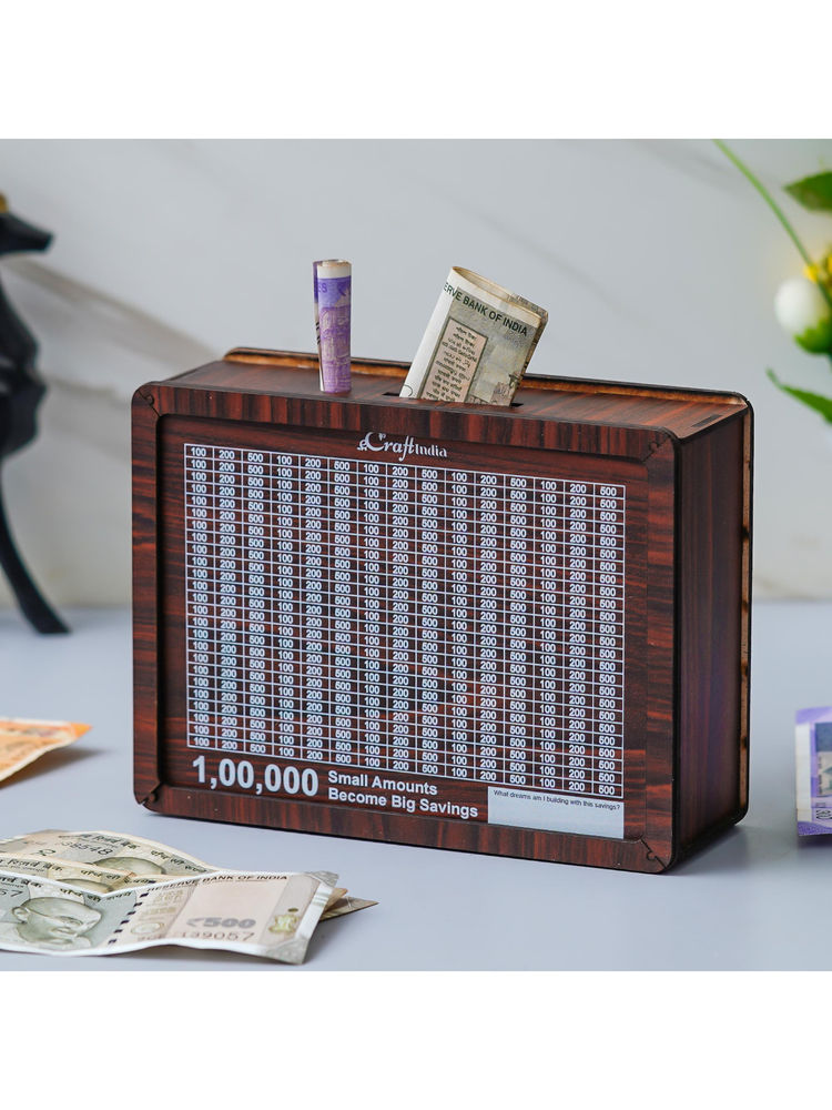 eCraftIndia 100000 Rs Goal Tracker Brown Wooden Piggy Bank-picture-27