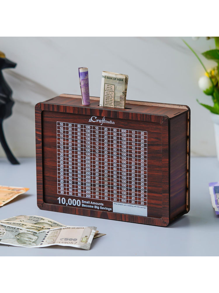 eCraftIndia 10000 Rs Goal Tracker Brown Wooden Piggy Bank-picture-22