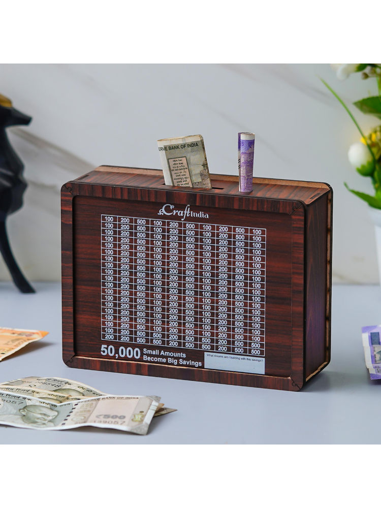eCraftIndia 50000 Rs Goal Tracker Brown Wooden Piggy Bank-picture-39