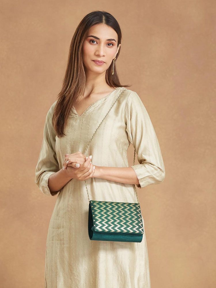 Fabindia Women Green Brocade Clutch-image-39