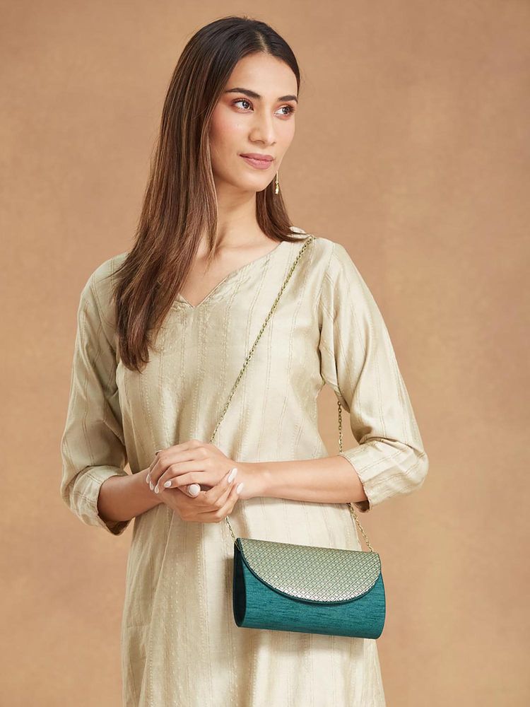 Fabindia Women Teal Polyester Woven Clutch-image-7