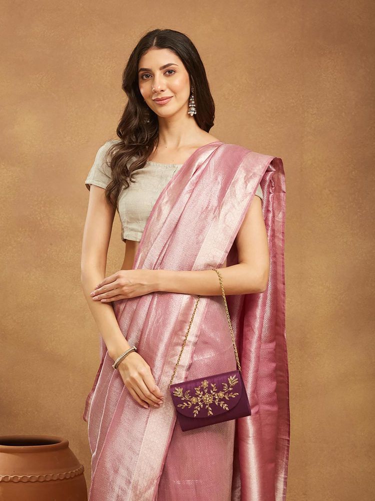 fabindia women purple hand embroidered clutch