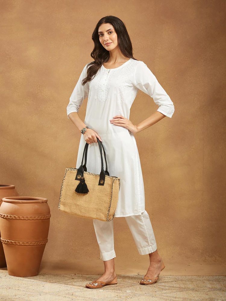 Fabindia Women Beige Jute Textured Tote Bag-image-12