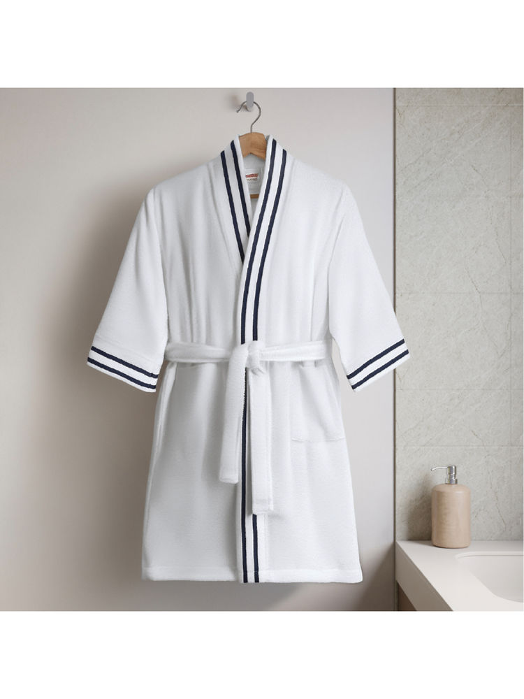 SPACES White Airsoft Cotton 300 Gsm Dobby Plain Bath Robe-image-37