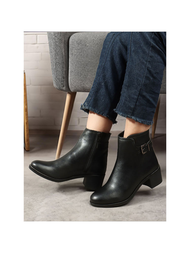 ELLE Black Solid Zip Party Wear Women's Buckle Boots-image-20