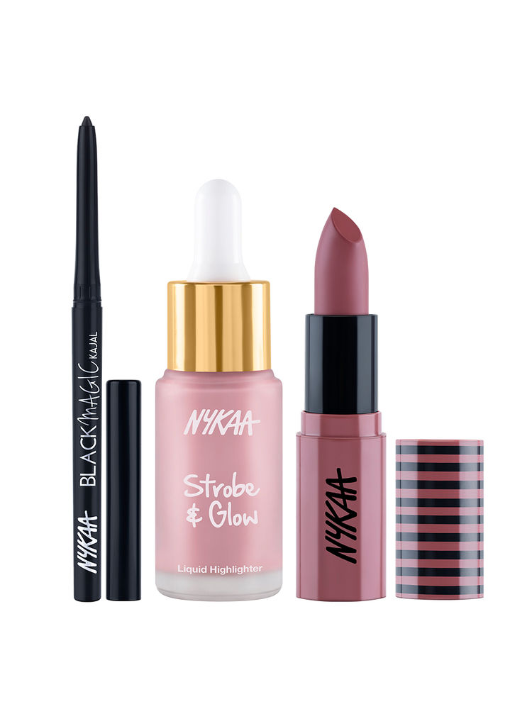 Nykaa Cosmetics Complete Summer Glam Combo - Smudgeproof Kajal, Highlighter & Matte Lipstick