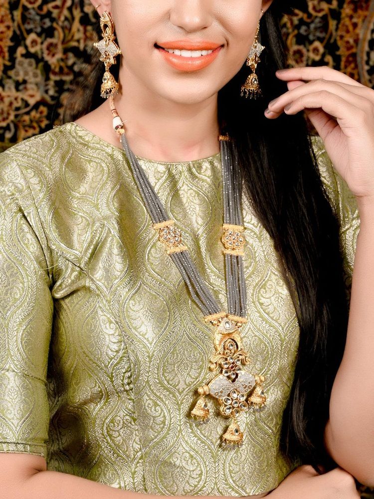 Odette Women Grey Onyx-Kundan-Enamelled Necklace Set-picture-25