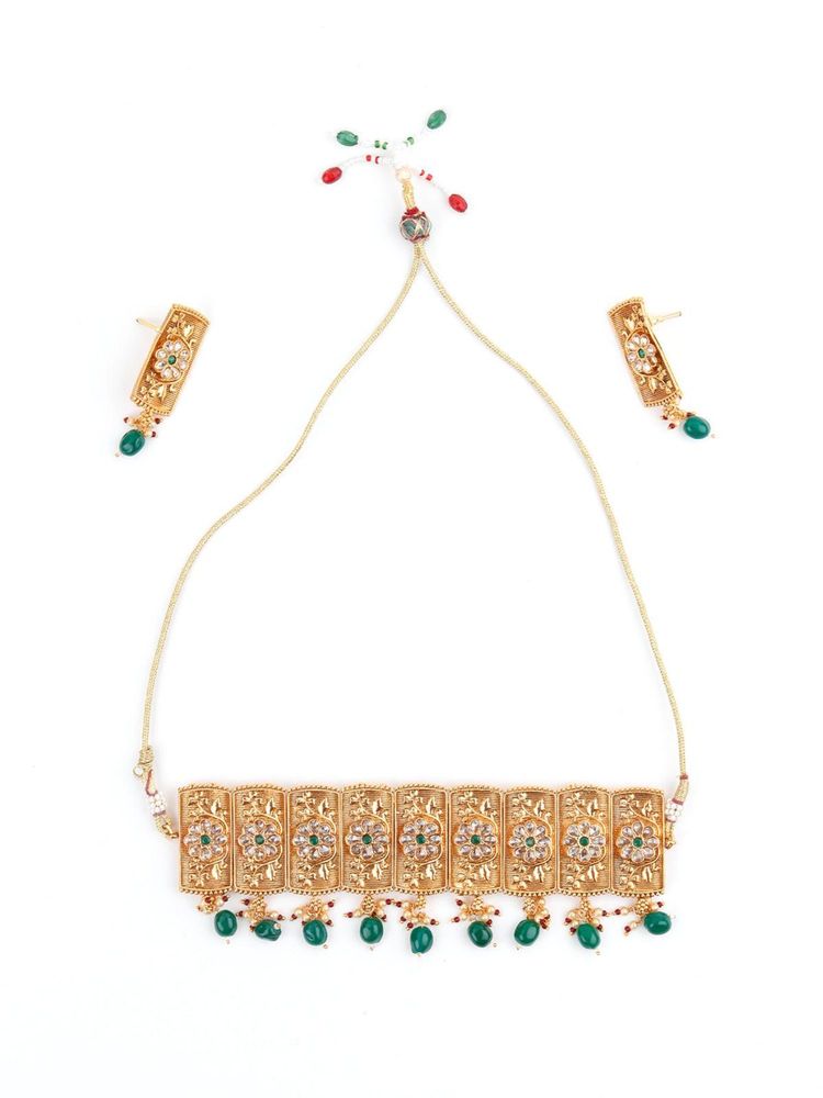 Odette Women Gold Tone Green Mani Kundan Choker Set-image-10