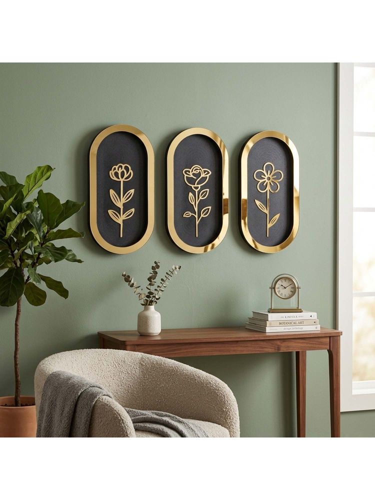 eCraftIndia Multi-Color Solid Wood Floral Wall Art (Pack of 3)-picture-25