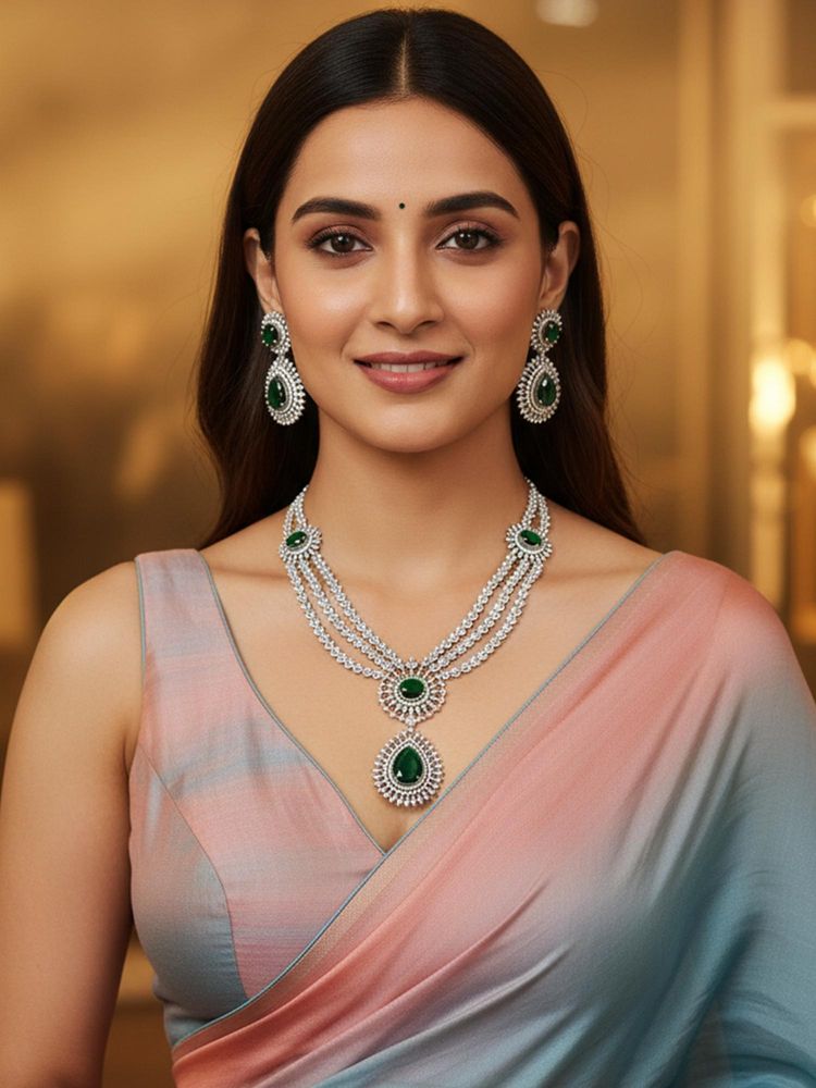Karatcart Traditional Green American Diamond Multilayer Rani Haar Necklace With Earrings-picture-13