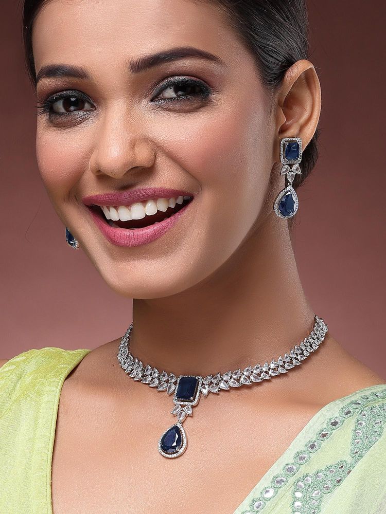 Karatcart Royal Silver Plated Blue Cubic Zirconia Necklace With Earrings-picture-12