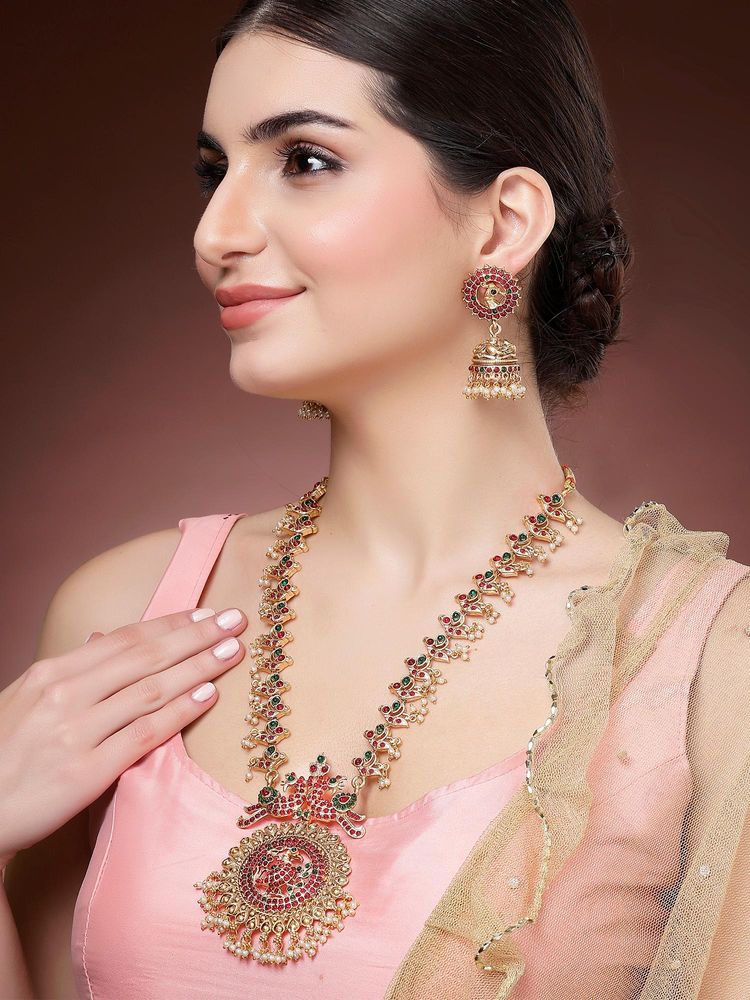 Karatcart Traditional South Indian Style Peacock Temple Necklace With Earrings