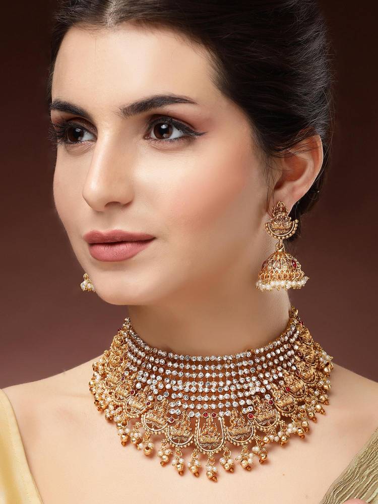 Karatcart Gold Plated Laxmi Mata Stone Studded Choker Temple Necklace With Earrings-picture-10