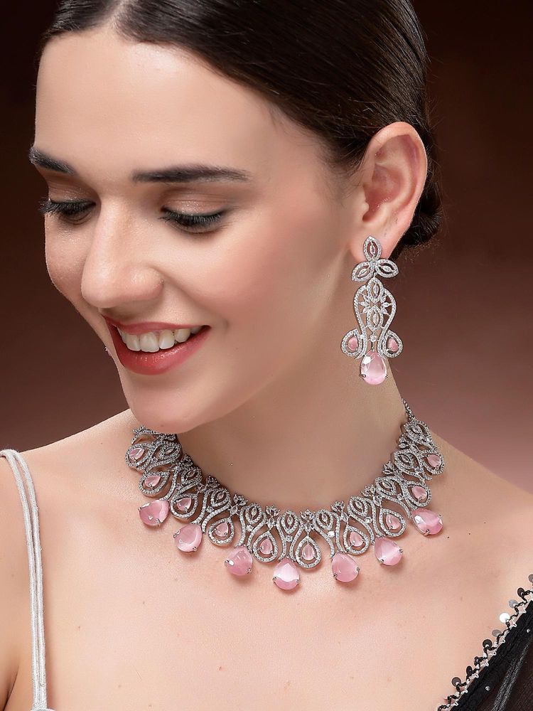 Karatcart Traditional Royal Design Pink American Diamond Necklace With Earrings-picture-23