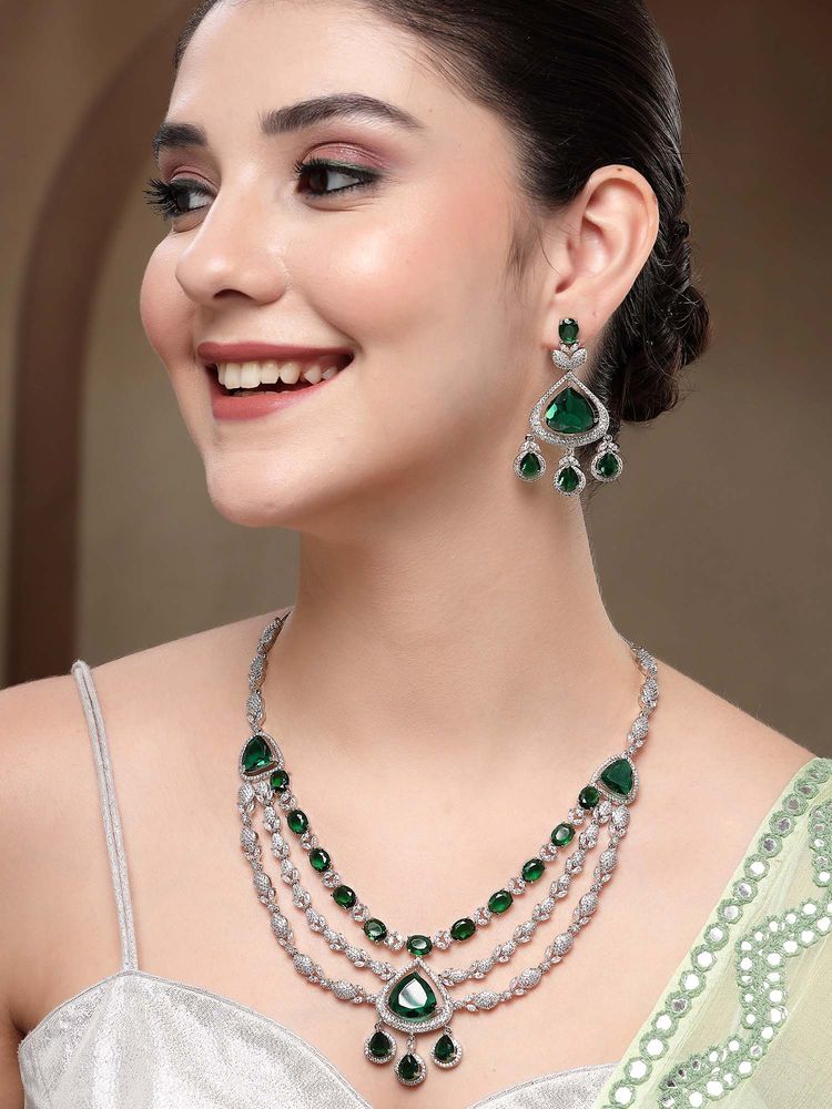Karatcart Dazzling Multi-Layer Green American Diamond Silver-Plated Necklace With Earrings-picture-45