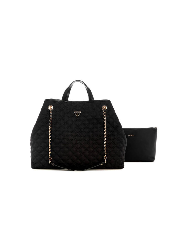 guess fashion Guess Black Quilted Polyester Giully 2 In 1 Tote Bag (L)-picture-24