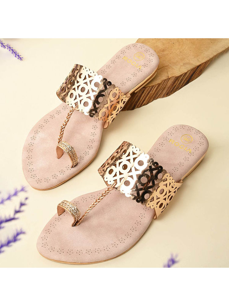 ROCIA Rose Gold Women Laser Cut Kolhapuri Flats-image-46