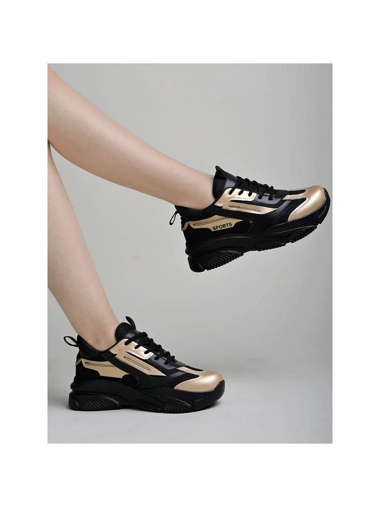 Shoetopia Smart Casual Comfortable Black & Gold Sneakers