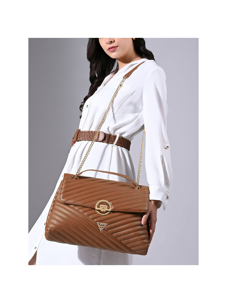 Lavie Signature Tan Denver Womens Quilted Large Flap Satchel (L)-image-19