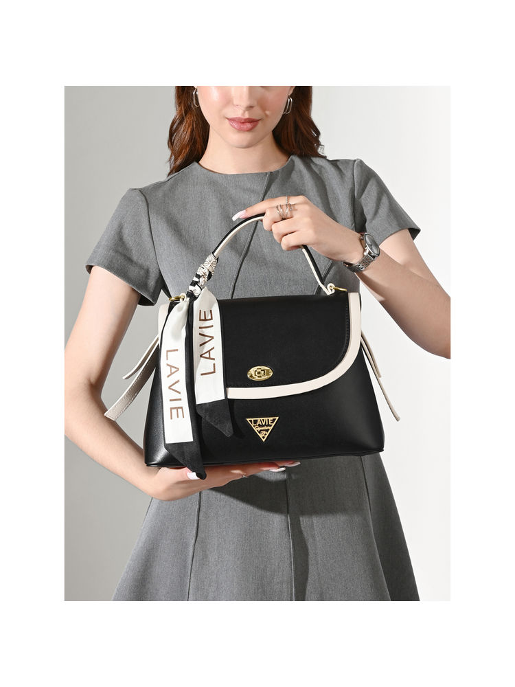 Lavie Signature Black Womens Plano 2C Flap Satchel Bag (M)-picture-10