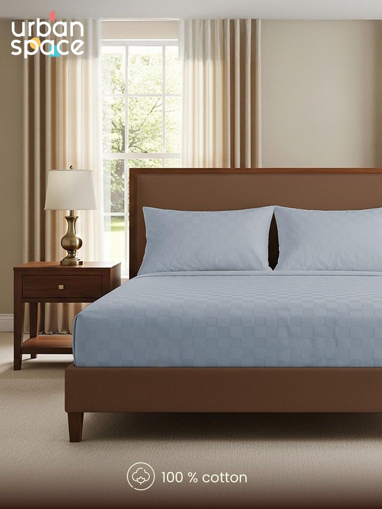 Urban Space Grey Blue Cubes 100% Cotton 300TC Bedsheet with 2 Pillow Covers (King)-picture-33