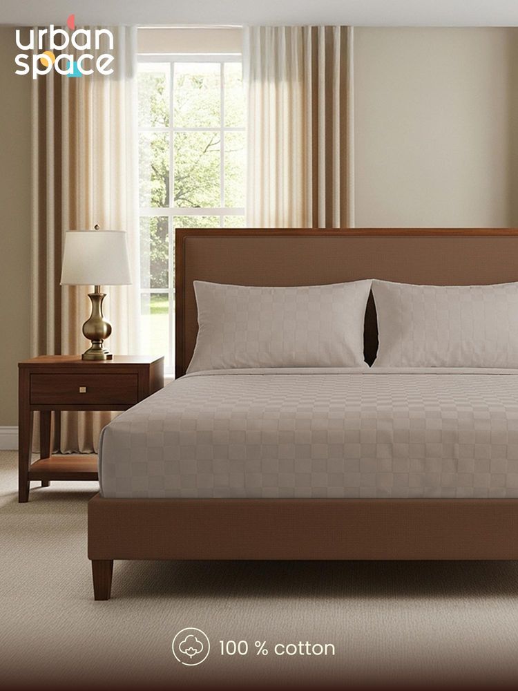 Urban Space Soft Brown Cubes 100% Cotton 300TC Bedsheet with 2 Pillow Covers (King)-picture-23