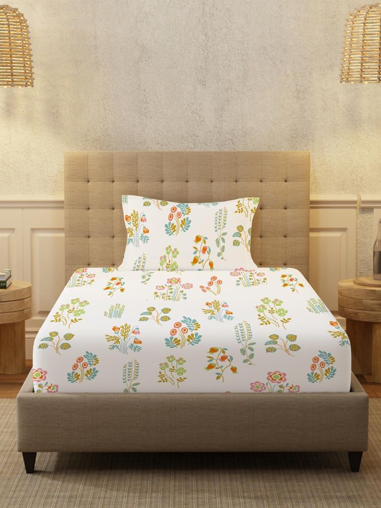 Urban Space Serene 200 TC Cotton Bedsheet With 1 Pillow Cover, Single - Eden White-image-40