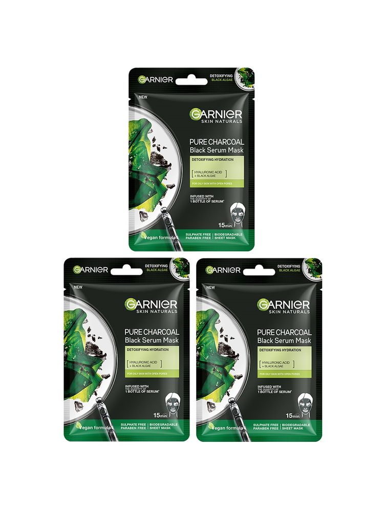 Garnier Skin Naturals Pack of 3 Charcoal Face Serum Sheet Mask