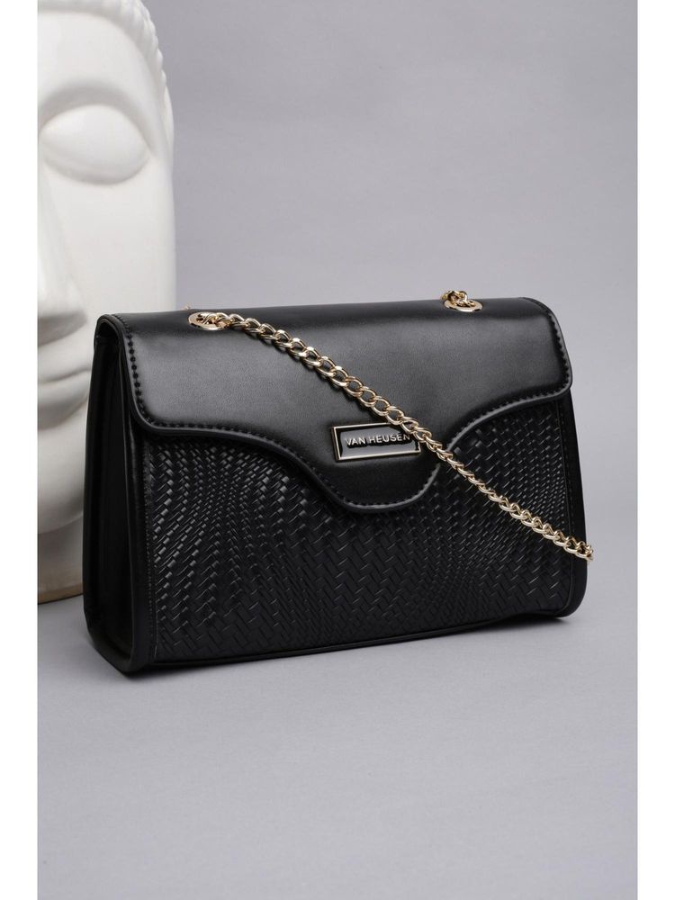 Van Heusen Women Black Textured Casual Sling Bag With Detachable Strap-image-45