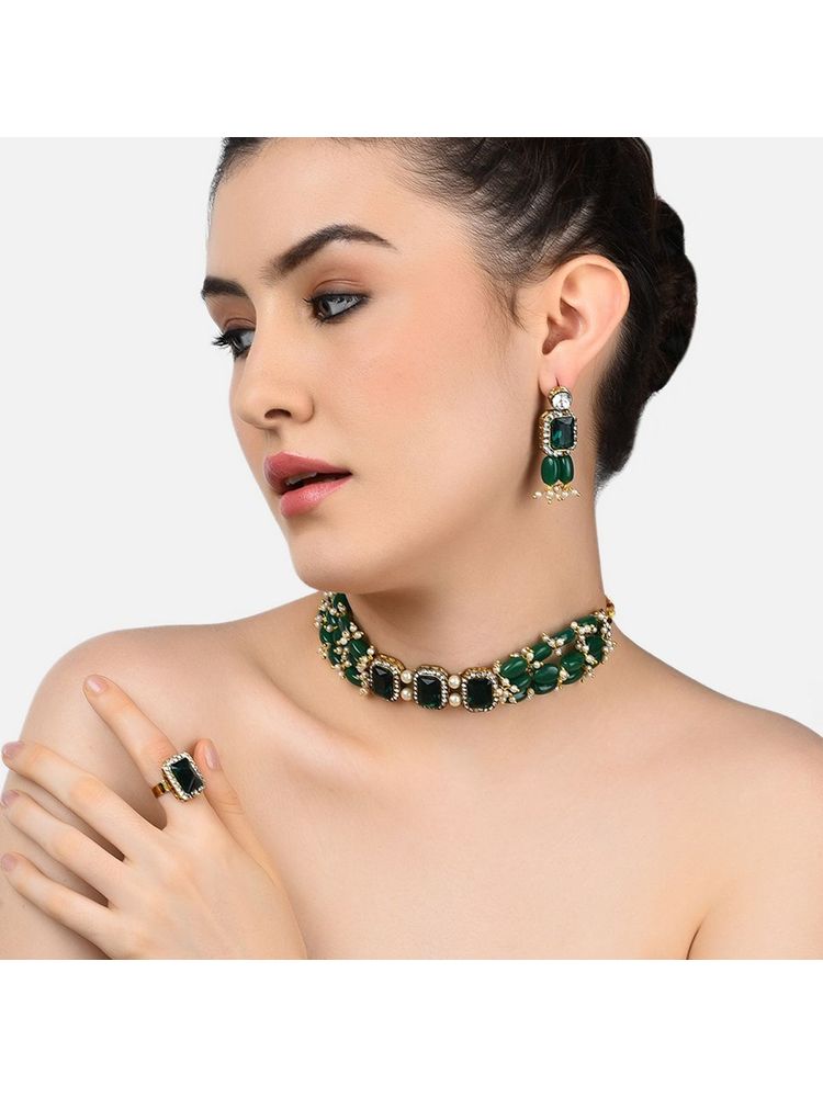 Zaveri Pearls Green Beads Ethnic Choker Necklace Earring & Ring Set-ZPFK10767-picture-21
