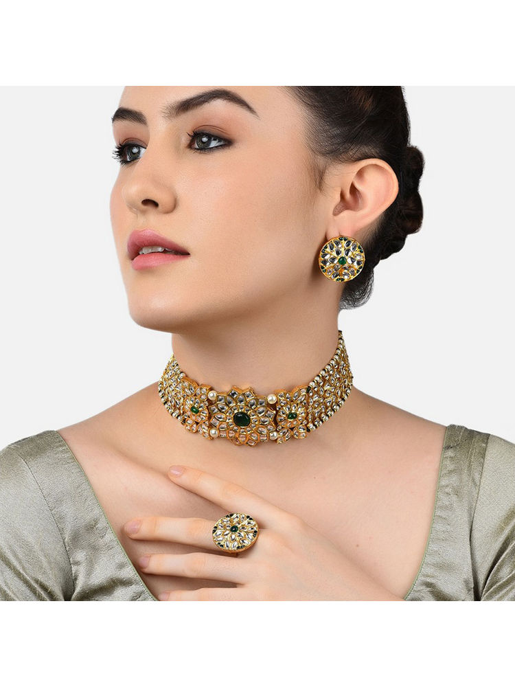 Zaveri Pearls Green Traditional Kundan Choker Necklace Earring & Ring Set-ZPFK11072