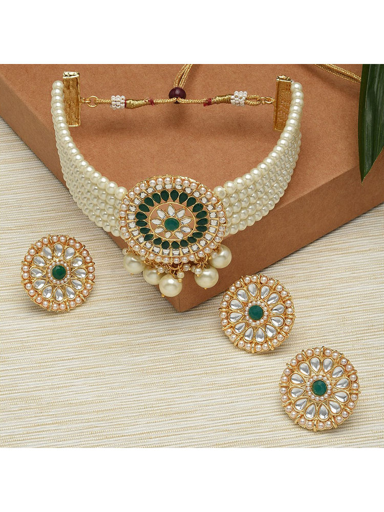 Zaveri Pearls Green Ethnic Multi Strand Kundan Choker Necklace Earring and Ring Set-ZPFK12119-image-34