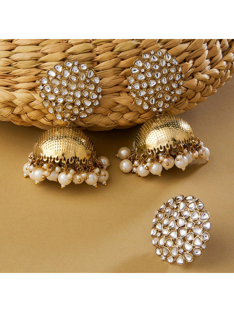 Zaveri Pearls Antique Gold Tone Traditional Kundan Jhumki Earring & Ring Set-ZPFK13163 (Set of 2)-picture-12
