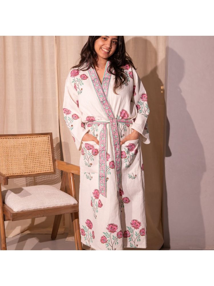 House of Ekam Floral Amaryllis Blockprinted Bathrobe-image-33