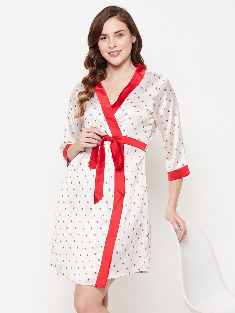 Clovia White Satin Pretty Florals Robe-picture-23