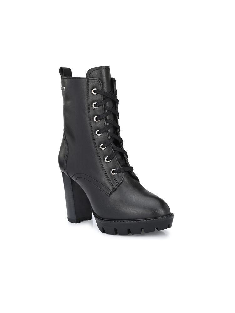 Delize Black Women High Heel Vegan Leather Derby Boots-image-3