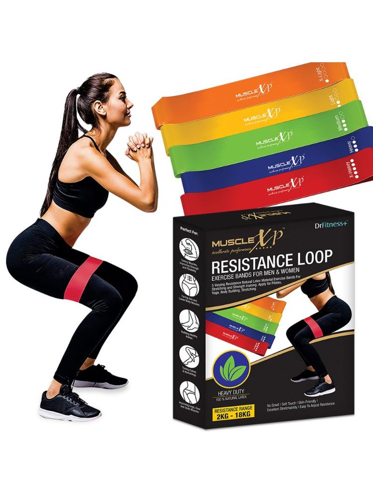 MuscleXP Drfitness+ Resistance Loop Band Set Of 5, Exercies Bands For Men & Women, Toning Workout