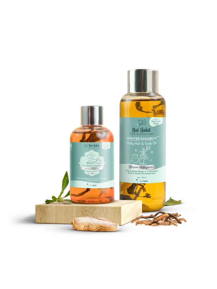 Nat Habit Pure Body Massage Baby Maahu & Dasabuti Baby Scalp & Hair Oil Combo