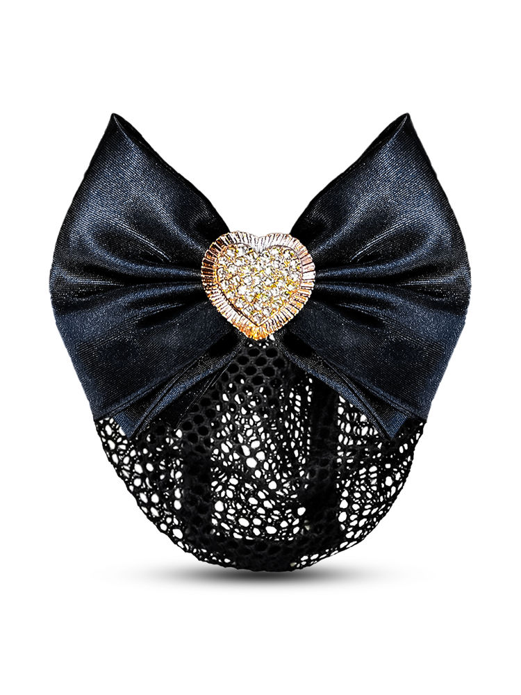 Majestique Satin Bow Hair Clip With Floral Net Bun Cover - Black-image-16