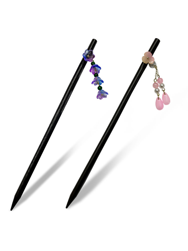 Majestique Wooden Hair Sticks With Pink And Blue Charms - Black-image-6